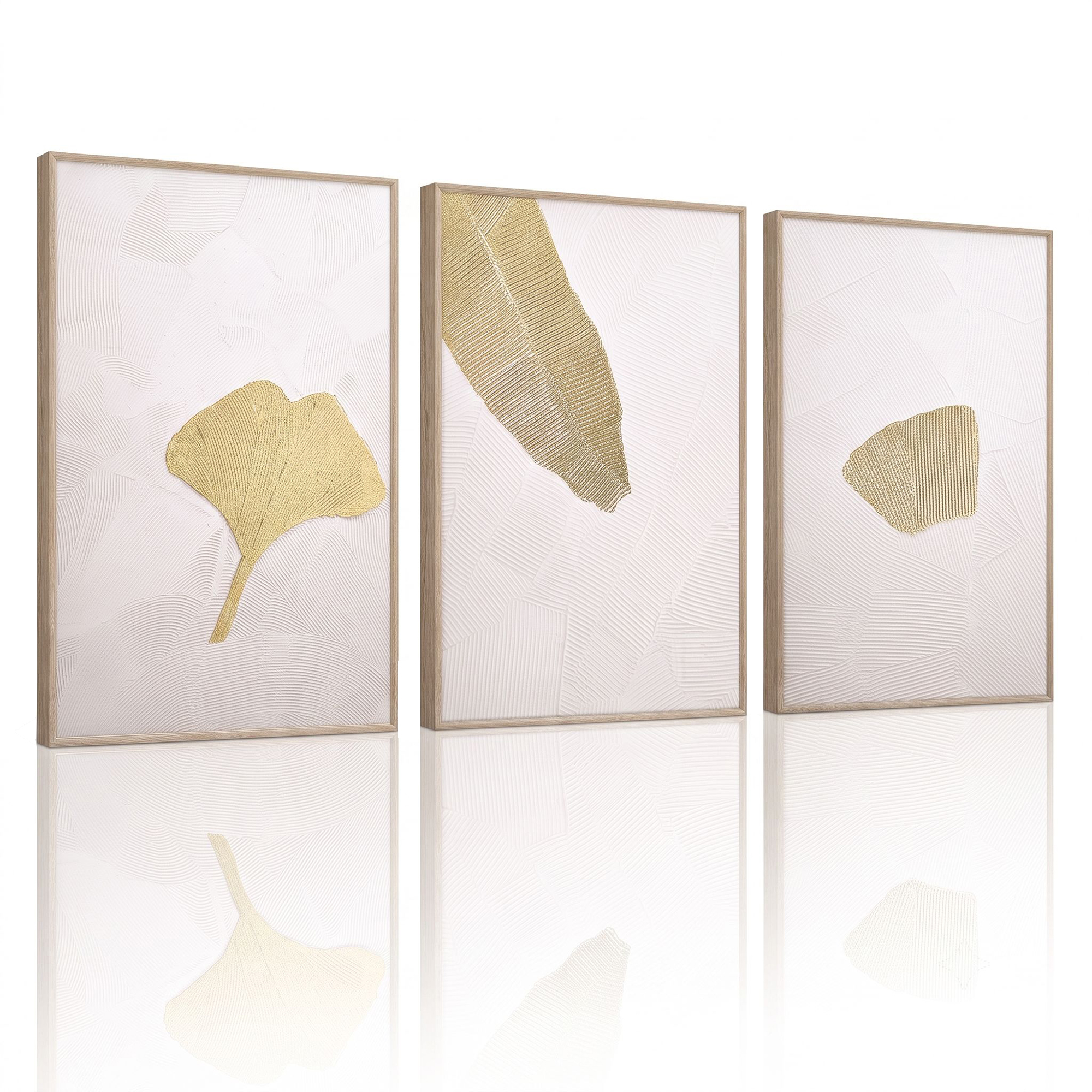 ArtbyHannah 3D Framed Wall Art Set of 3, Ginkgo Leaves Canvas Wall ...