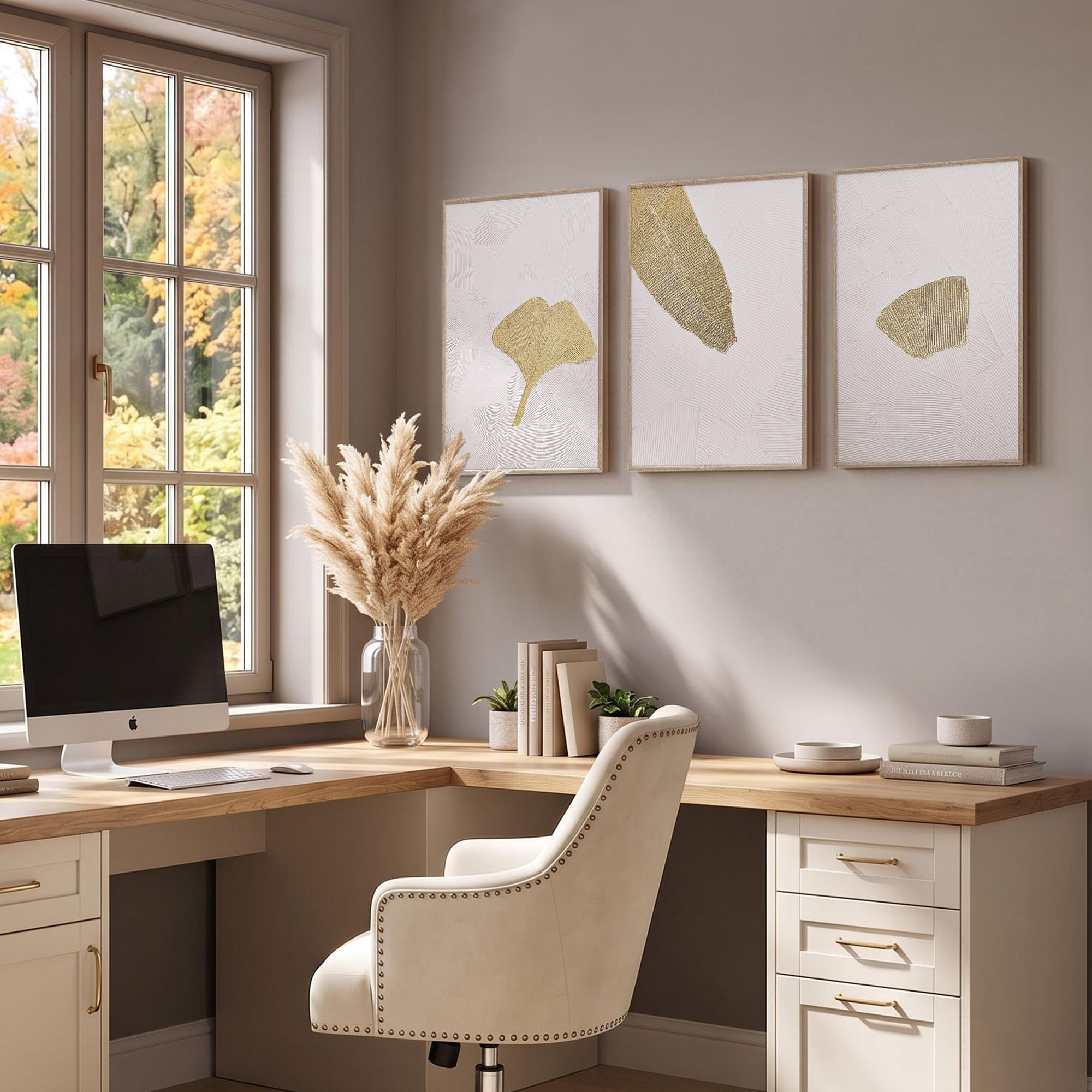 ArtbyHannah 3D Framed Wall Art Set of 3, Ginkgo Leaves Canvas Wall ...