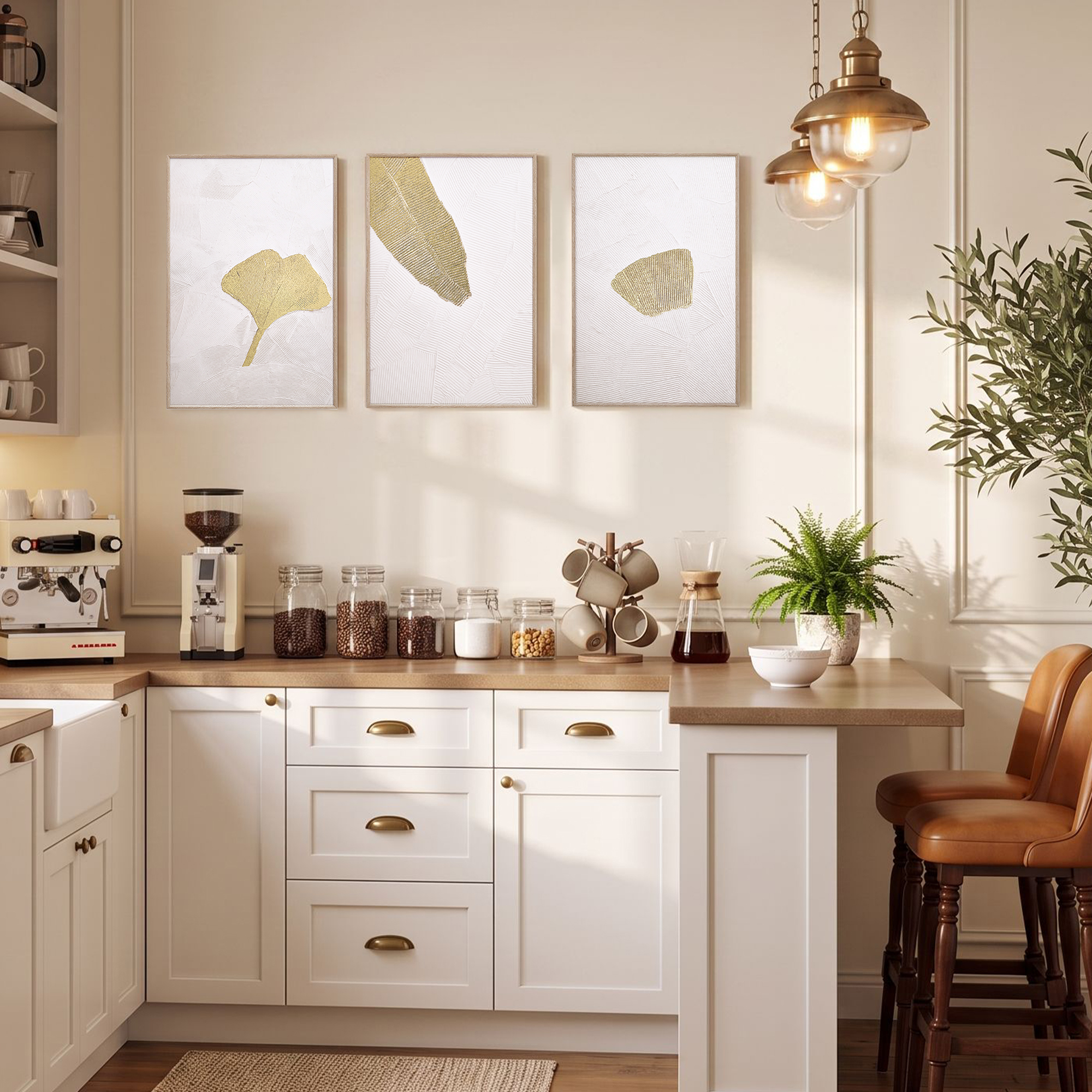 ArtbyHannah 3D Framed Wall Art Set of 3, Ginkgo Leaves Canvas Wall ...