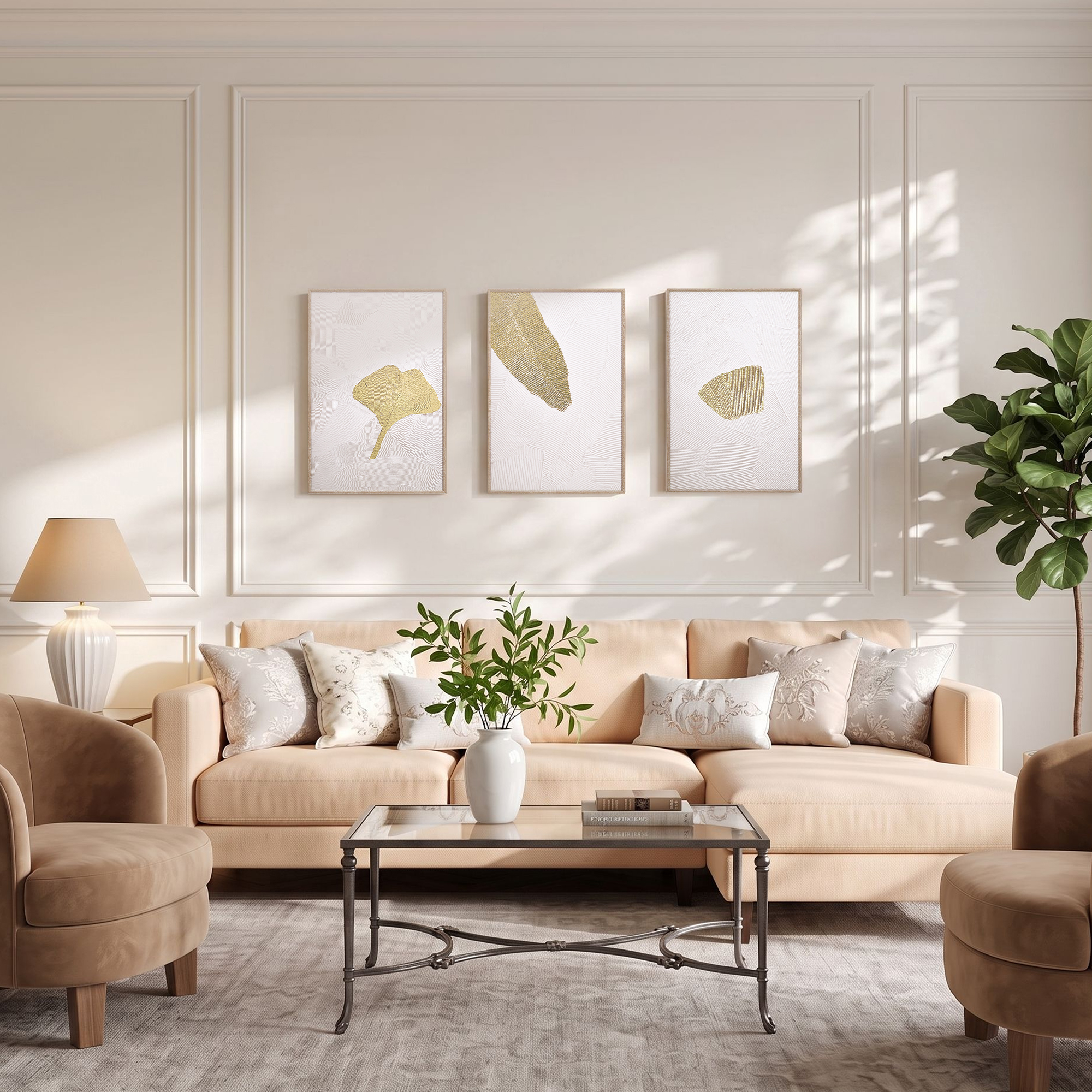 ArtbyHannah 3D Framed Wall Art Set of 3, Ginkgo Leaves Canvas Wall ...